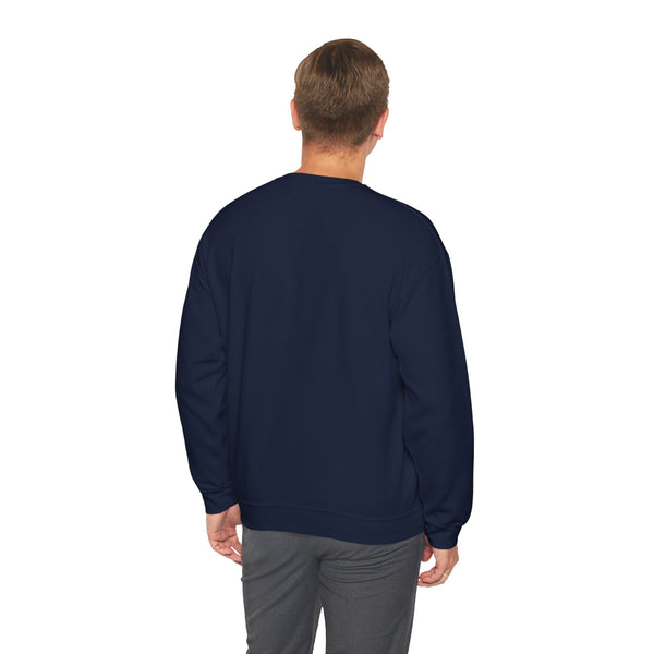 Man wearing the navy Nook & Things crewneck sweatshirt, back view