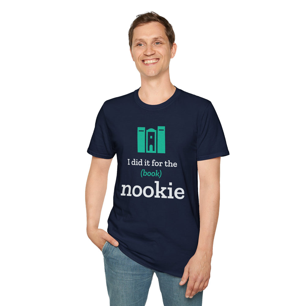Navy I Did It for the (Book) Nookie t-shirt from Nook & Things, front view of the book nook design