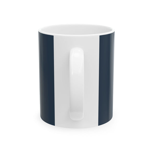 Navy Nook & Things bookish mug seen from behind, white handle