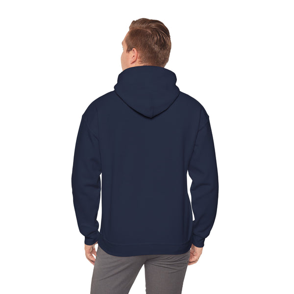 Man wearing the navy Nook & Things hoodie, back view