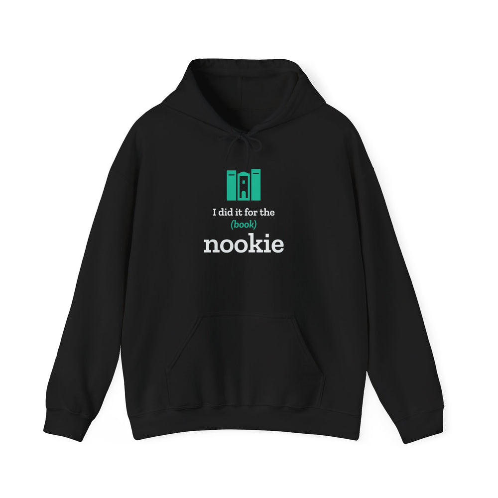 Nook & Things I Did It for the (Book) Nookie hoodie in black, front view of the book nook design