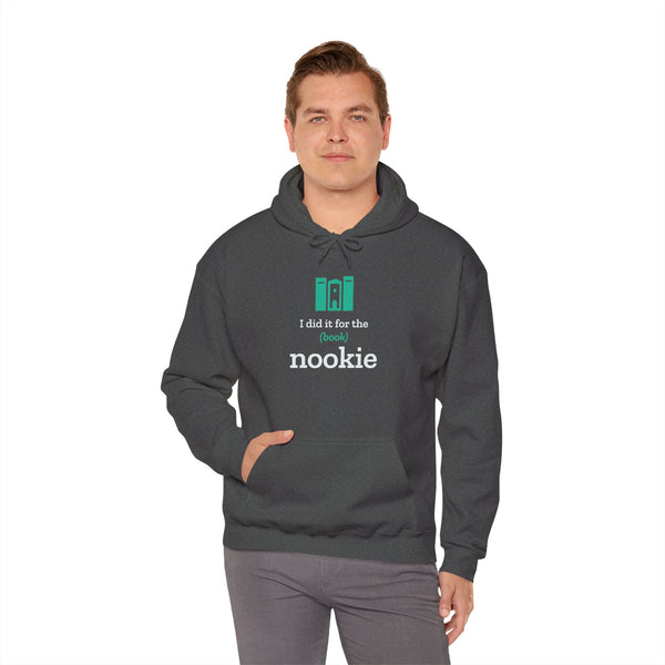 Man wearing the dark heather grey Nook & Things hoodie, front view