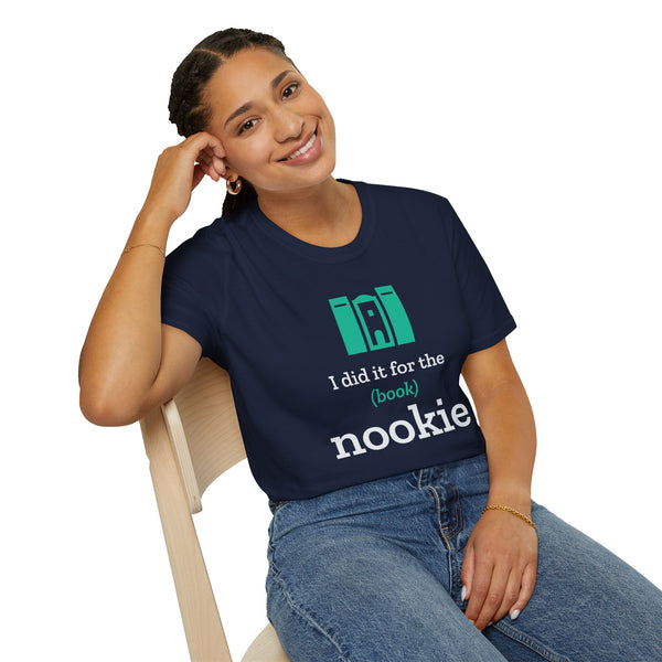 Woman on a chair wearing the navy funny book nook t-shirt from Nook & Things