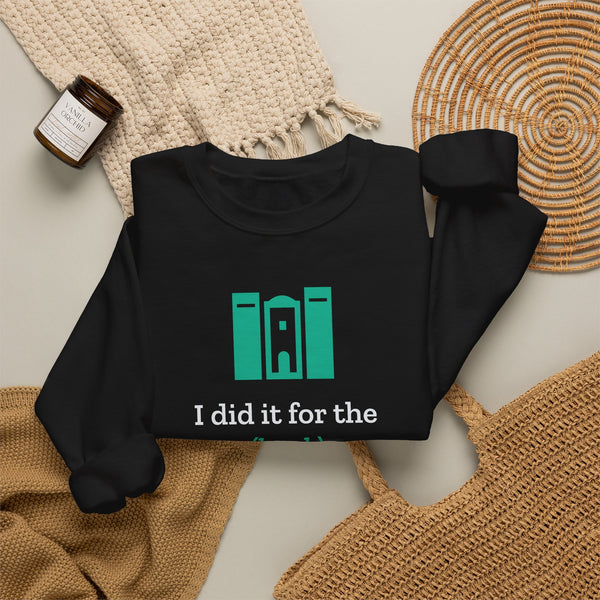 Black Nook & Things crewneck sweatshirt styled flat with a blanket and candle