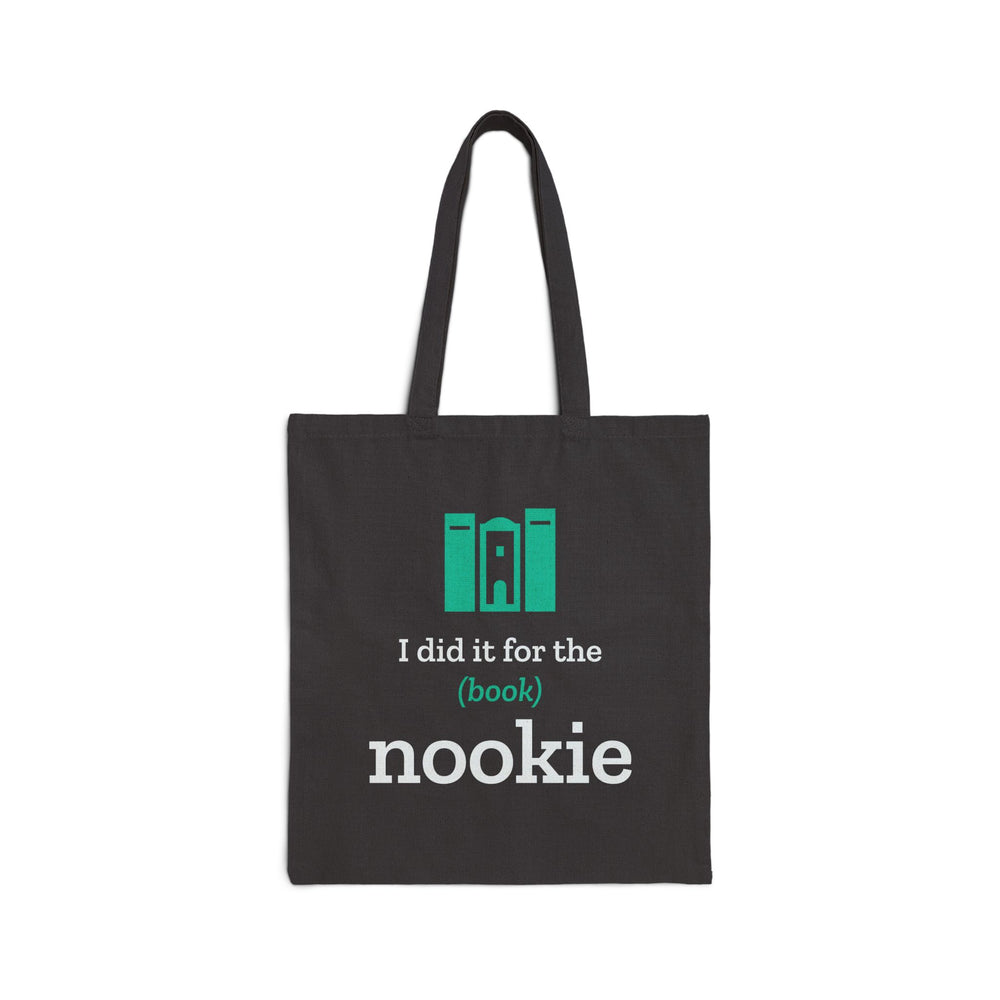 Black cotton canvas book tote with the I did it for the (book) nookie bookshelf design