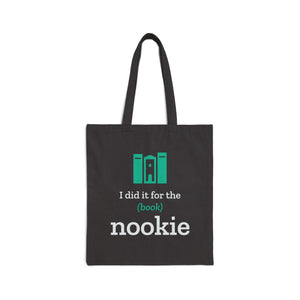 Black cotton canvas book tote with the I did it for the (book) nookie bookshelf design