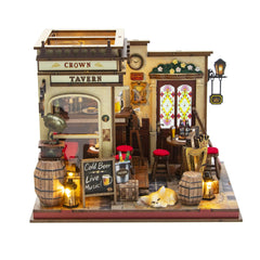 Nook & Things Crown Tavern DIY miniature kit, front view on white, lights on
