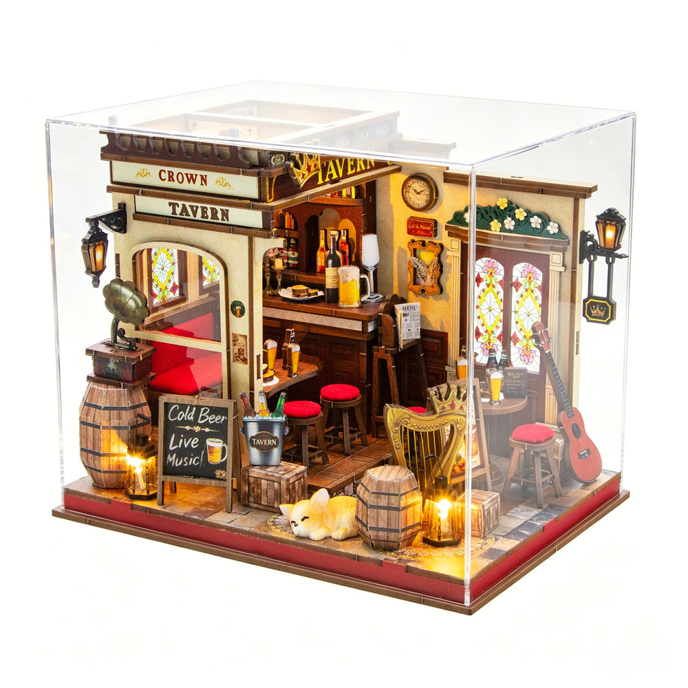 Nook & Things Crown Tavern DIY miniature kit, front view on white, lights on