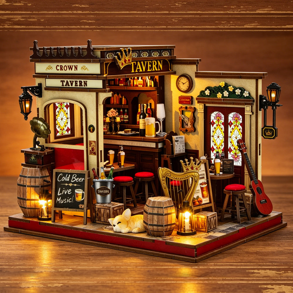 Nook & Things Crown Tavern DIY miniature kit, front view on white, lights on