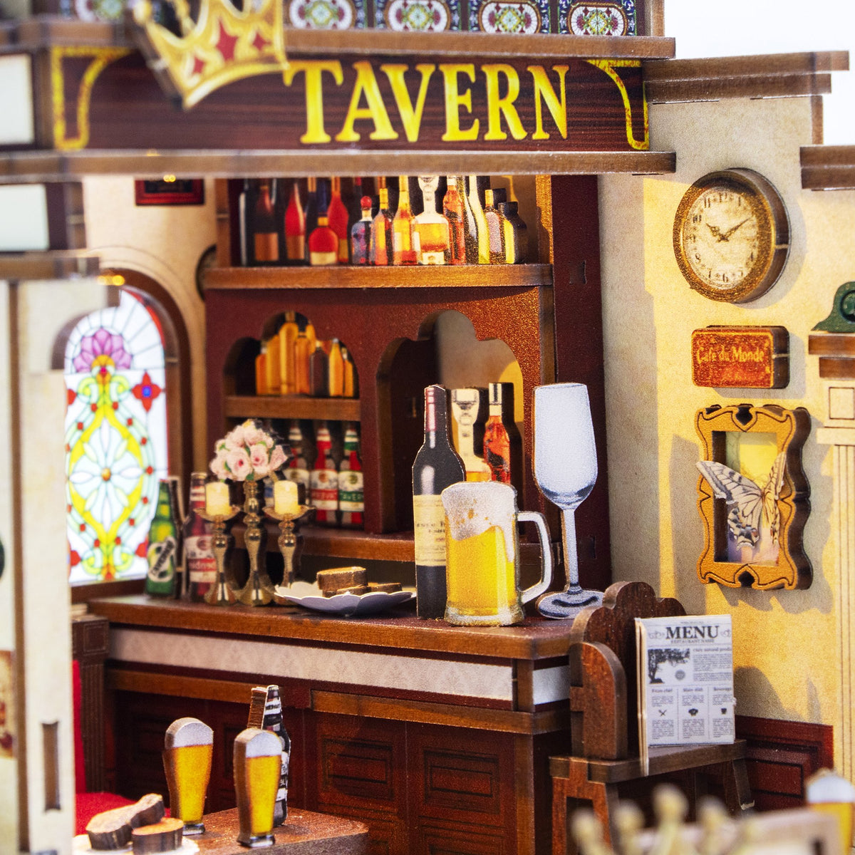 Nook & Things Crown Tavern DIY miniature kit, close-up of the bar counter