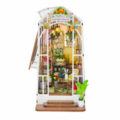 Nook & Things Garden House DIY book nook kit, front view on white, lights on