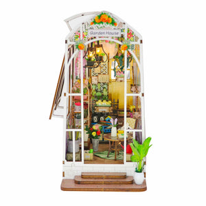 Nook & Things Garden House DIY book nook kit, front view on white, lights on