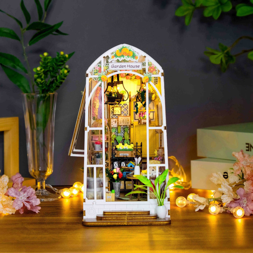 Nook & Things Garden House DIY book nook kit, front view on white, lights on