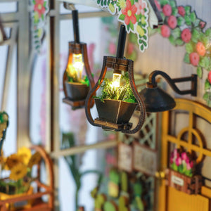 Nook & Things Garden House DIY book nook kit, close-up of the hanging lanterns