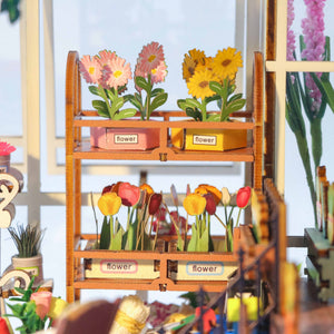Nook & Things Garden House DIY book nook kit, close-up of the potted flower shelf