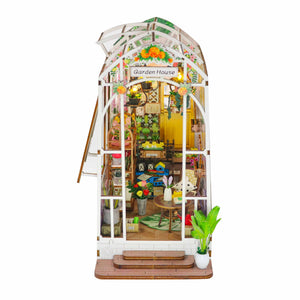 Nook & Things Garden House DIY book nook kit, three-quarter view on white