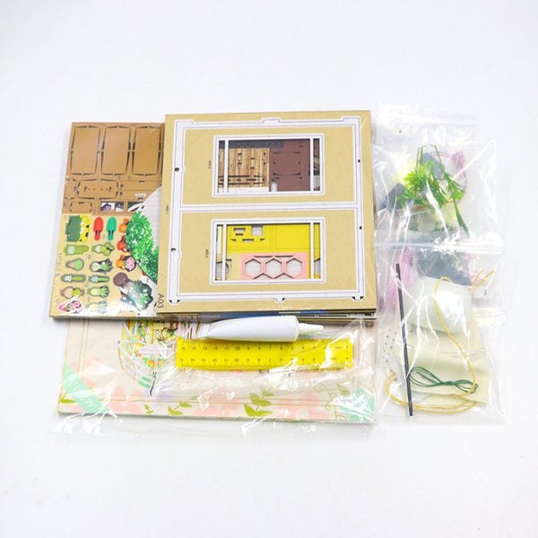 Nook & Things Garden House DIY book nook kit, kit contents laid out