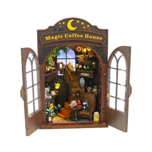 Nook & Things Magic Coffee House DIY book nook kit, front view with doors open, lights on