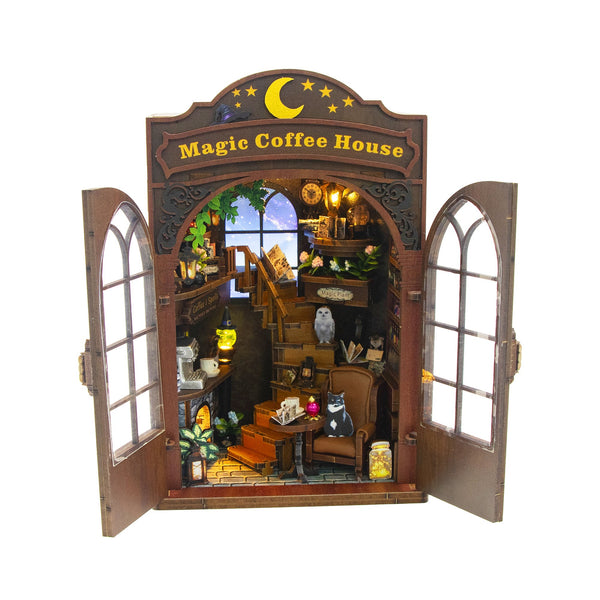 Nook & Things Magic Coffee House DIY book nook kit, front view with doors open, lights on