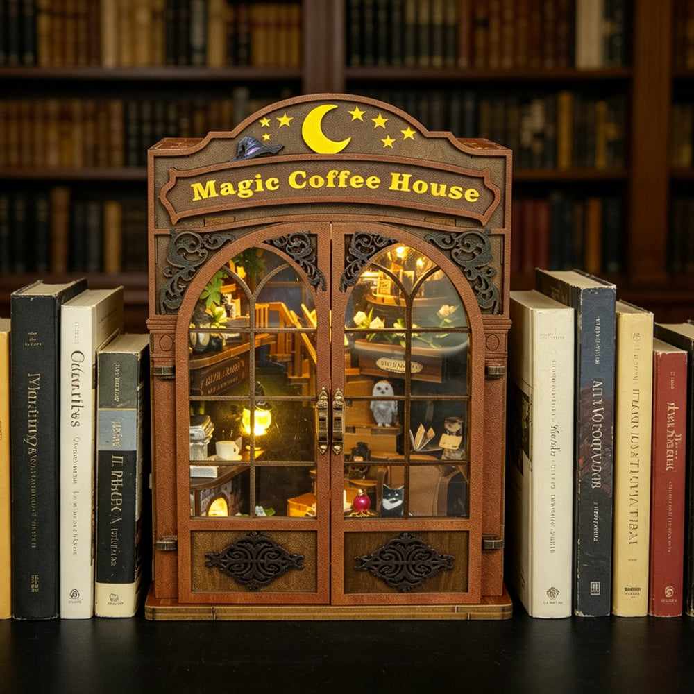 Nook & Things Magic Coffee House DIY book nook kit, front view with doors open, lights on
