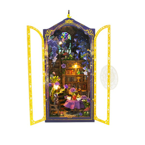 Nook & Things Magic Garden Workshop DIY miniature kit, front view with doors open, lights on