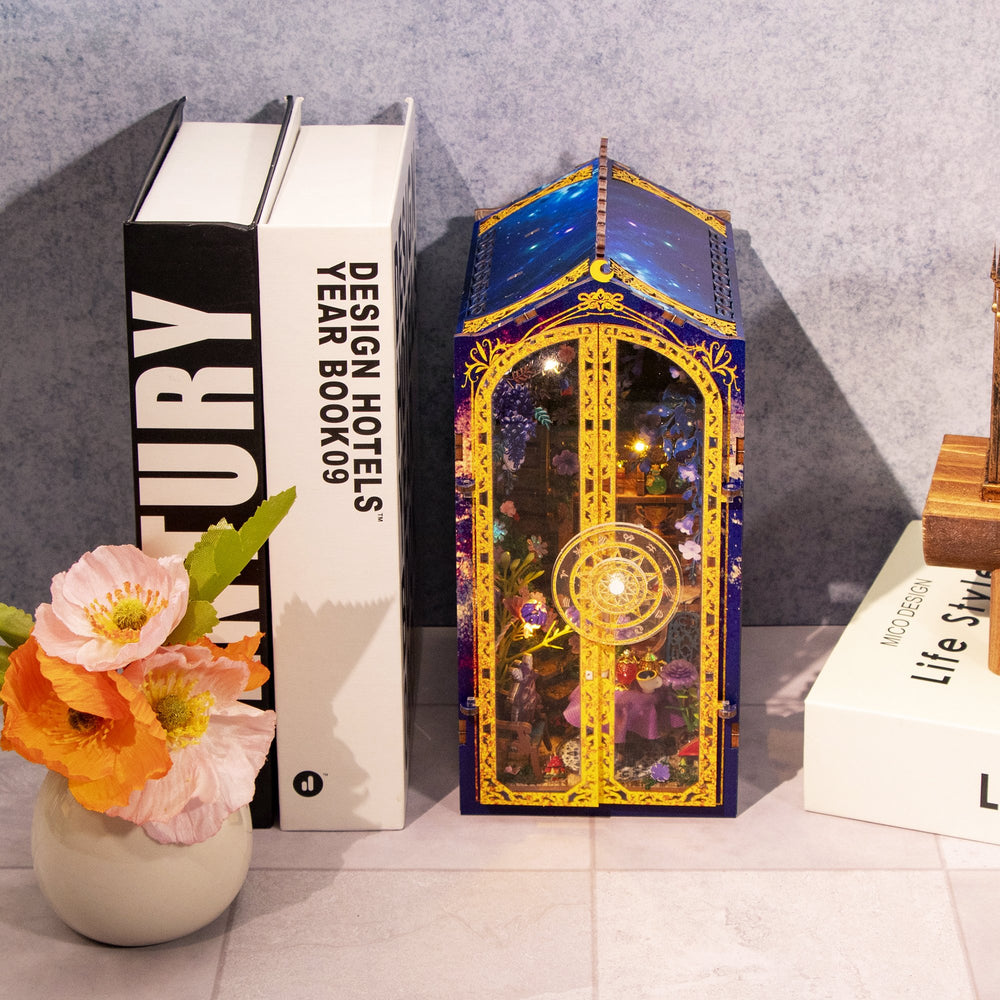 Nook & Things Magic Garden Workshop DIY miniature kit, front view with doors open, lights on
