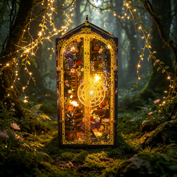Nook & Things Magic Garden Workshop DIY miniature kit, glowing in an enchanted forest scene