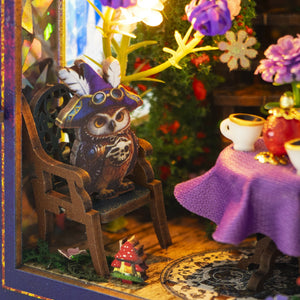 Nook & Things Magic Garden Workshop DIY miniature kit, close-up of the wizard owl in the armchair