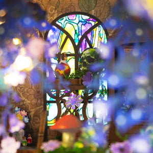 Nook & Things Magic Garden Workshop DIY miniature kit, close-up of the stained glass window