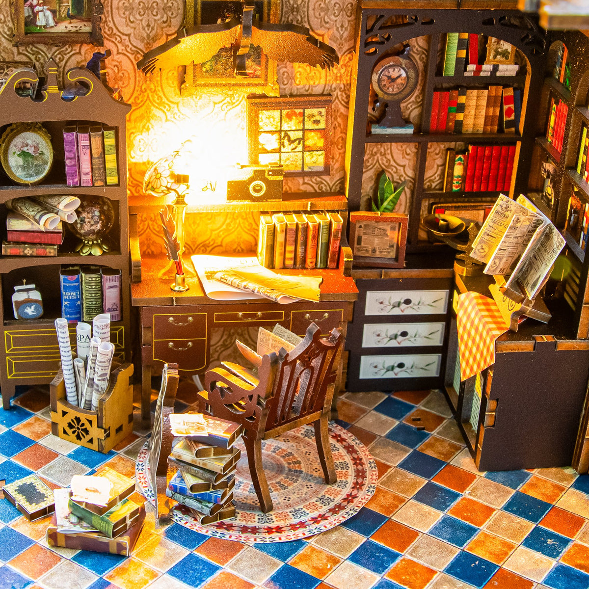Nook & Things Magical Library DIY book nook kit, close-up of the reading desk and tiled floor