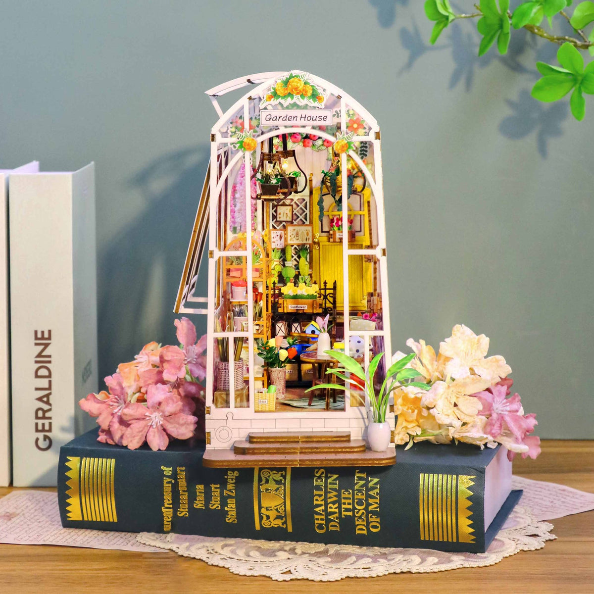 Nook & Things Garden House book nook with fresh flowers