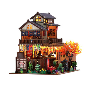 Nook & Things Wawei Sushi House DIY miniature kit, front view on white, lights on
