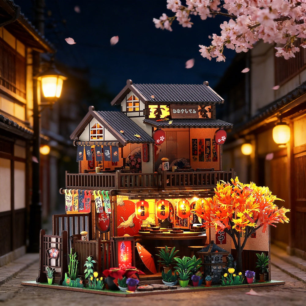 Nook & Things Wawei Sushi House DIY miniature kit, front view on white, lights on