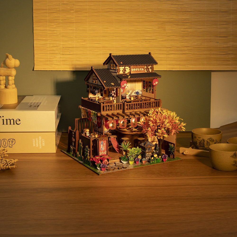 Nook & Things Wawei Sushi House DIY miniature kit, front view on white, lights on