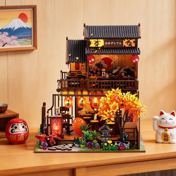 Nook & Things Wawei Sushi House DIY miniature kit, on a shelf with a lucky cat