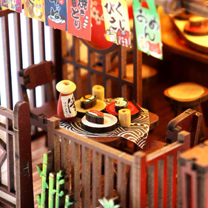 Nook & Things Wawei Sushi House DIY miniature kit, close-up of the sushi counter