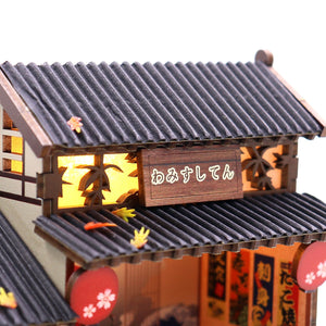 Nook & Things Wawei Sushi House DIY miniature kit, close-up of the roof and shop sign